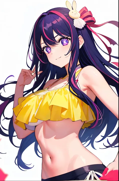 1girl, Hoshino Ai, Long hair, purple hair, Streaked Hair ,violet eyes, star-shaped pupils, hair ornament, (tmasterpiece), (beste-Qualit), (overdetalization),(messy  hair),(illustartion), (a 1girl), stands, Model, looks at the viewer, (interview), (Simple b...