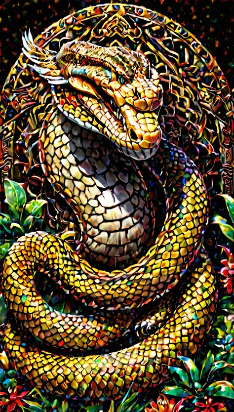 ケツァルコアトルとkukulcanという2人の蛇神に遭遇する大人の男性の絶妙な描写を授けた、highest resolution masterpiece。snake god々teeth、with enchanting aztec gold ornament...