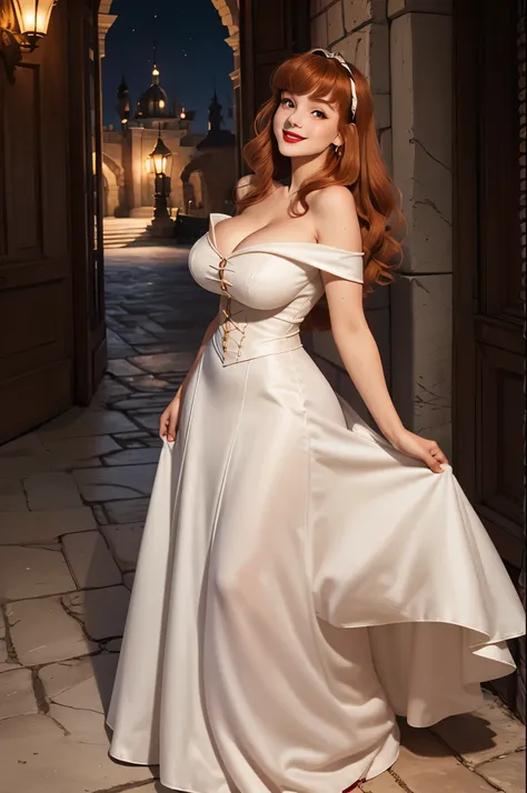 disneyaurora 27 years old, full body shot, beautiful woman (((shoulder length wavy reddish blonde hair))) (bangs:1.2) (white dre...