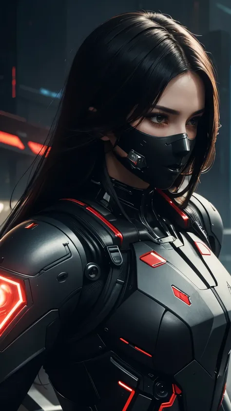 A mech woman，He has a delicate and beautiful face，Wearing a black mask，（（Red and white semi-mechanical body：1.8）），Mature and sexy，side close-up，Cyberpunk，Futuristic，Mechanical aesthetics，Complex machinery，The background is a high-tech lighting scene in the...