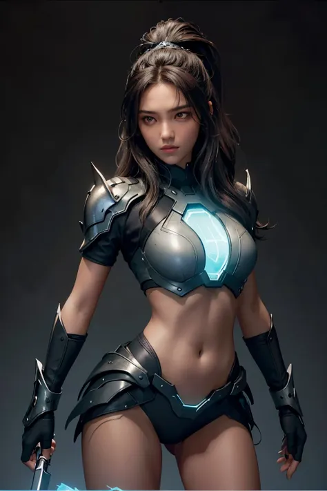 A long-haired chocolate-black haired girl dons a layer of sleek metallic futuristic neon-hued clothing, clutches an energetic glowing weapon in hand. Her physique is admirably toned as she gracefully poses, exuding an aura of mystery and power. The intrica...