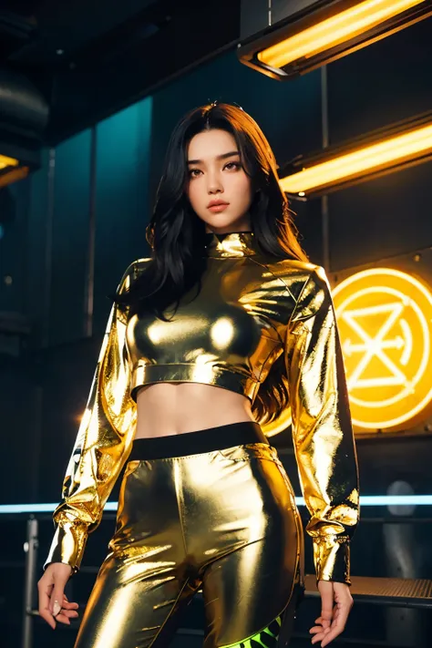 a long-haired chocolate-black haired girl, clad in a metallic layered futuristic neon-hued ensemble, wields a glowing, pulsating...