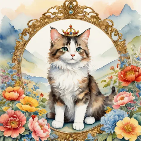 ((The King of Cats)),masterpiece,highest quality,Fluffy cat,Little,cute,Adorable,fun,happiness,,Flower Hair Ornaments,Stylish scenery,Anatomically correct,all the best,,Little cat,The cutest cat,Fantasy,Randolph Caldecott Style,Awareness-raising,Watercolor...