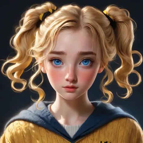 best quality, Masterpiece, Hogwarts students, Hufflepuff, (((pigtail)))golden blonde, serious, Very naughty, cute and bright, Freckles on the face, detailed blue eyes, detailed face, Fine skin, soft light, mysterious,Worth discovering., soft shadow, detail...