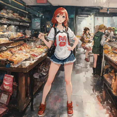 anime girl in a bakery shop with a lot of food