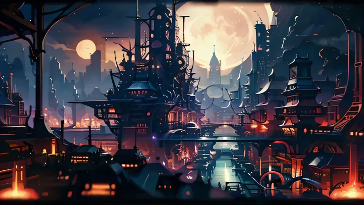 different world、city of night、industrial city、moon、girl、fantasy anime style