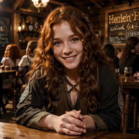 halfling woman, cute, in a fantasy tavern, high cheekbone, smiling, long ginger curly hair, many freckles