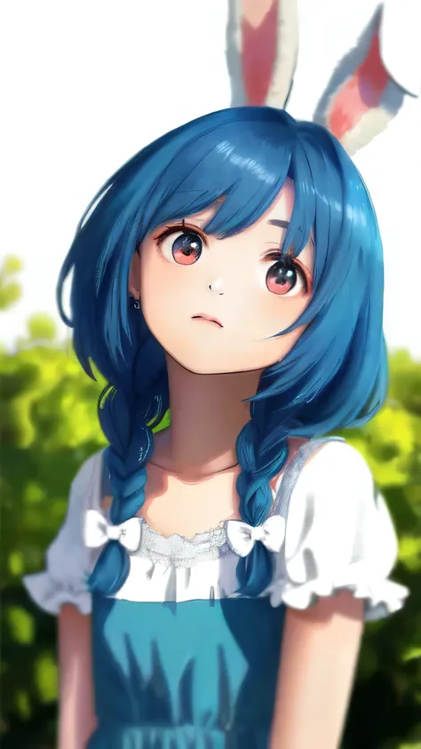 best quality, masterpiece,blue hair, Bunny girl, red eyes,white clothes, looking up, upper body,hair strand,Fair skin,side braids