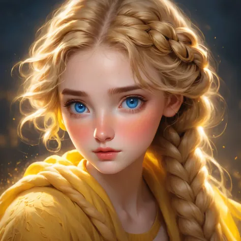 best quality, Masterpiece, Hogwarts students,Hufflepuff House, yellow veil, (((braided hair))), golden blonde, serious, Very naughty, cute and bright, be happy, Freckles on the face, detailed blue eyes, detailed face, Fine skin, soft light, mysterious, Wor...