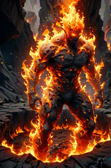 fire elemental emerging from wasteland lava pit, climbing posture, movie shot (masterpiece:1.2), best quality, (ultra detailed, ...