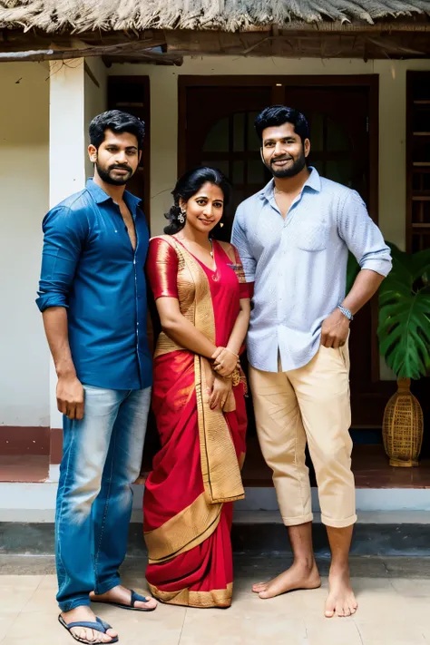 Create a picture of a Kerala normal housewife and her two 25-year-old sons on either side posing for a photo.