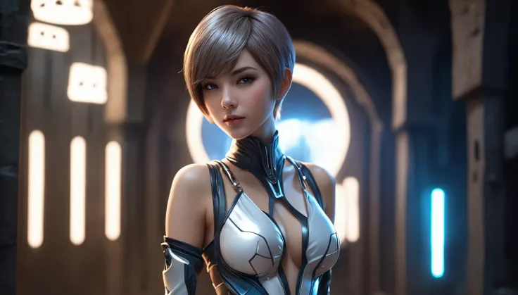 Top Quality, Masterpiece, High Resolution, 8k, (((girl in futuristic silky outfit with bare back, full body view, small perky breasts, beautiful detailed eyes, no lipstick, extremely detailed face, pixie asymmetrical hair cut, small hips, in a dungeon, beh...