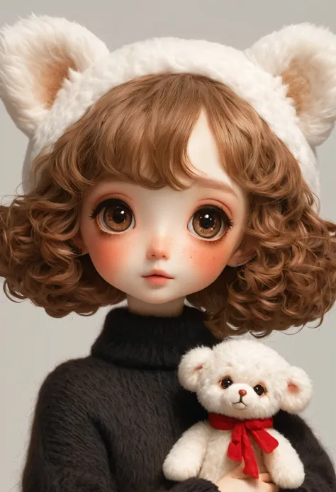 (masterpiece, best quality:1.2), (((1 girl，brown big eyes，red face，white curly short hair，whole body，shoe，sock，3d，black furry sw...