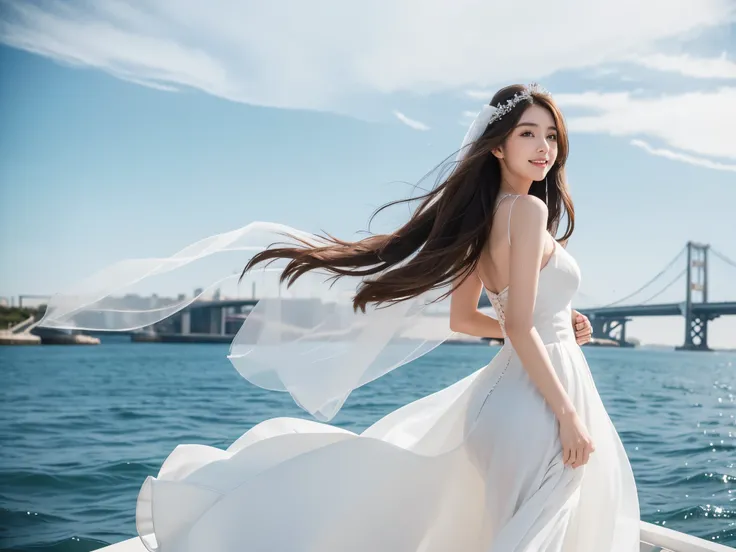 A woman with a beautiful and well-proportioned face 

hair waving in the wind 

(brown hair) 

calm smile 

G cup breasts 

wearing a wedding dress 

(white prom dress) 

(Theres a white wedding veil on my head) 

There is a big and long bridge 

The blue ...