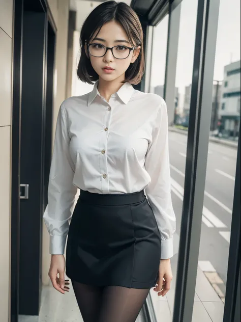 alone、solo、OL in her 20s in office uniform posing for a photo、(Black Pantyhose)、(Half Up),victory、Tsundere、Single knot、OL、suit、blue mini skirt、anger、small、Glasses、slim girl model photo、physical:the smallest middle-aged man in history、female model、Japanese ...