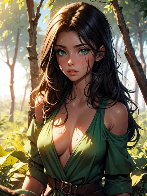 The Urban Ruins of the Wasteland, stunningly beautiful barbarian Female huntress hunting in a forest, green tunic with low-cut neckline, bare shoulders,  sweating through, sun rising, Nice warm colors, better lighting,