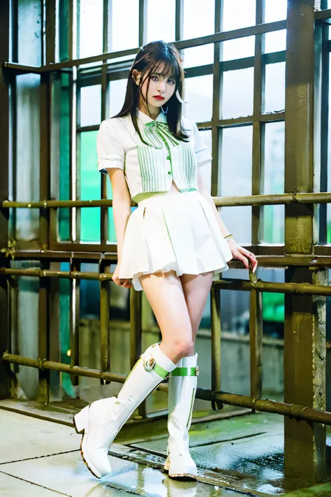 (highest quality, 8k, masterpiece:1.3)Beautiful Japanese girl in old prison,Mint green rain boots with white trim and ribbon、 Handcuffs and chains around the ankles