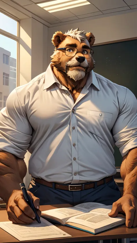 huge muscular old man wearing shirt and glasses as teacher in class, (furry bear, an anthro, anthro), bearded, mustache, short w...