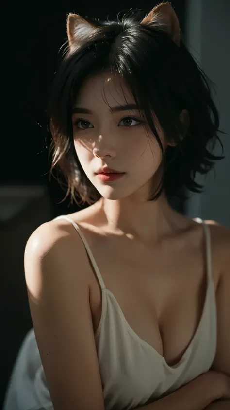 Best quality,masterpiece,Ultra-high resolution,（Realistically：1.5）,RAW photos, Cat ears,cute,In the light,deep shadow,Low profile,Cold Light,sexy look,short hair