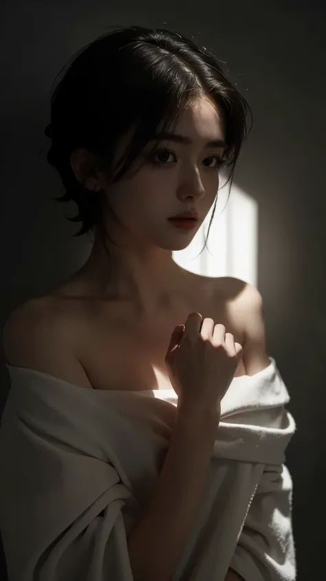 best quality, masterpiece, Ultra-high resolution, (Reality:1.5), original photo, 1 Girl, Off-shoulder, in the darkness, Deep Shadow, Low profile, Cold Light, sexy look, short hair