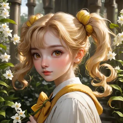 best quality, Masterpiece, Hogwarts students, Hufflepuff, I have short, raised twin tails., I have short, golden-blonde twin tails., serious, Very naughty, cute and bright, Freckles on the face, Hand holding a white jasmine flower, detailed brown eyes, det...