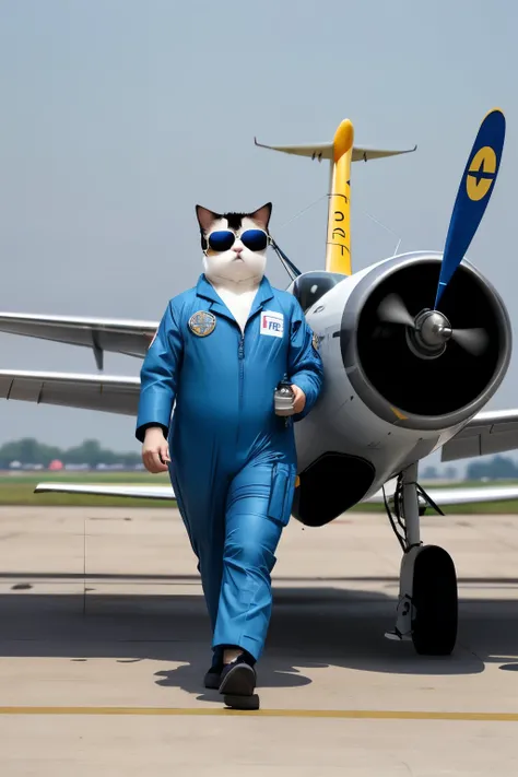 Fat pilot cat in a flight suit，Wearing sunglasses，Confidently walks towards its aircraft。It waves to the audience，Preparing for aerobatics。