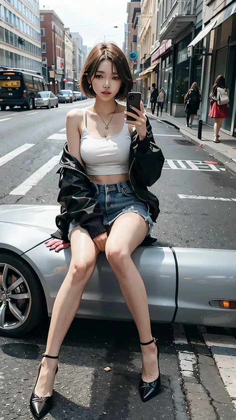 Beautiful woman, Playing with your cell phone in the middle of the street, Short clothes