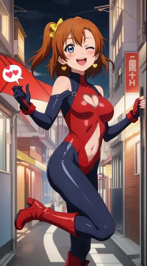 masterpiece, best quality,8k wallpaper, blue eyes, kousaka honoka, breasts , (plain red bodysuit),in street , solo, earrings , blushing , night , smile,:D, one eye closed , navel , spoken heart , (standing on one leg), breasts cutout, navel cutout,long boo...