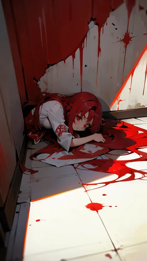 crazy girl crazy  socks older long hair shrine maiden   breasts white shirt. stabbed blood knife crying blood on walls, wooden f...