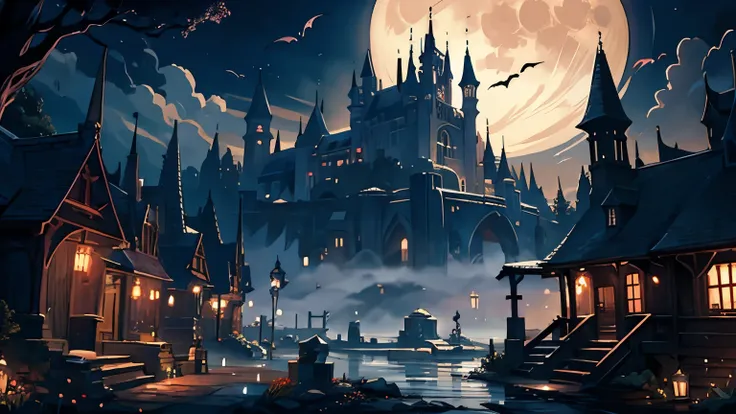 medieval europe、grave、funeral、night、moon、bat、fantasy anime style