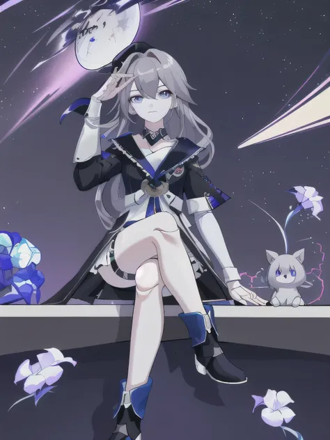 Ultra HD, Retina, masterpiece, precise, Anatomically correct, Super Detail, High Detail, high quality, Award-winning, best quality, high resolution, Good anatomy, 1080P, HD, 4K, 8k, 16k,The only person,night, moon, cityscape, leg hold, crossed_legs, again...