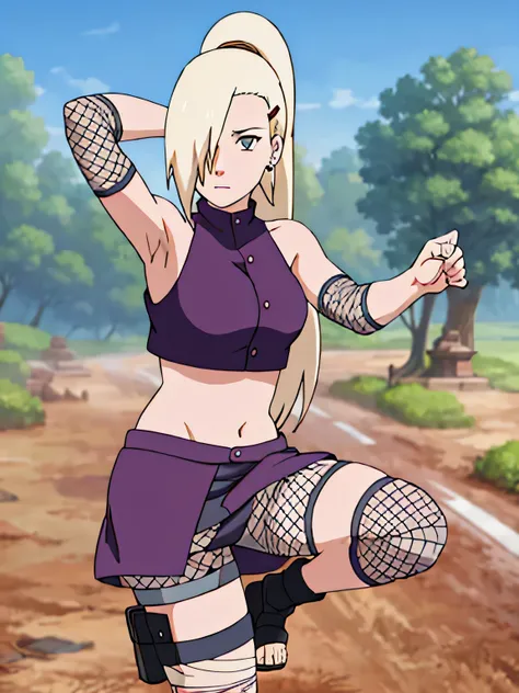 Yamanaka Ino, hair on one eye, ponytail, Hair clips, purple crop top, voluptuous, skirt, fishnet, earring, Diaphragm, show legs, condescending, alone, 1 girl, Facing the front, Masterpiece, perfect face, jump, Raise your legs high., touch,straight legs,tou...