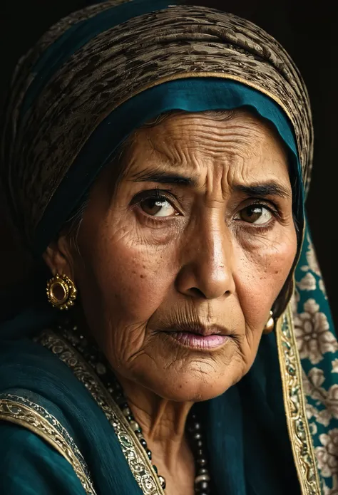 portrait of afgan old woman in an elegant traditional outfit, showing off her calm and sad face with sorrowful eyes, an old woma...