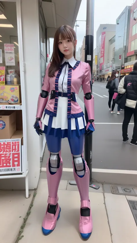 Costume like a idol, blue and white half sleeve Jacket, pink satin ruffled blouse, White and pink stripe pleated skirt, robot