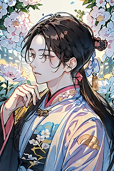 ((Two young men around 18 years old)),(Black Hair:1.3),(Long Hair:1.3),(Ancient Chinese style long-hemmed Hanfu-like clothing:1.5),(Pink and white and yellow and light blue),((Close-up of face:1.1)),((Hair tied up:1.2))