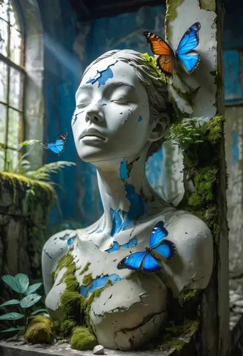 best quality: 1.0), (Ultra-high resolution: 1.0),A broken female figure，Rough plaster statue，Stone Sculpture，A beam of light shines on her,Concave, scratch, peeling paint peeling off, Rough appearance and cracks，In an abandoned temple room, Moss and fungi,...