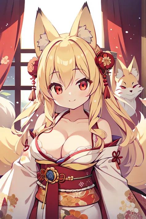 highest quality、smile、Big Breasts、Cleavage、Fox ears、Long blonde、Red Eye、kimono、Japanese-style room