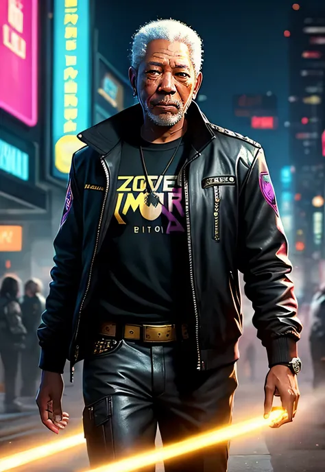 a painting of a (Morgan Freeman), background, style of cyberpunk 2077, band of gold round his breasts