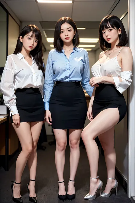 (Best Quality, Masterpiece, Photo realistic, Ultra Detailed, ultra high res, 3 girls:1.3, beautiful, Japanese, 18yo, office workers, clothes:1.3), (transparent blouse, pencil skirt), (smile), Bob_cut hair, bangs, high-waist, necklace, (long legs, high heel...