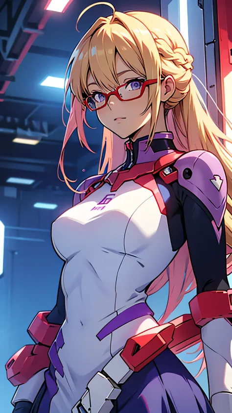 anime,An illustration,purple robot,Mobile Suit,Dom,Light blue check dress,Red glasses,Blonde,Light blue mesh hair,beautiful girl,Sora Sakurano,one person