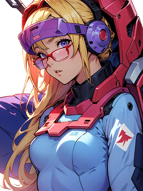 anime,An illustration,purple robot,Mobile Suit,Dom,Light blue check dress,Red glasses,Blonde,Light blue mesh hair,beautiful girl,Sora Sakurano,one person