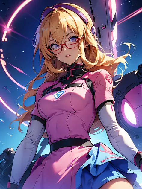 anime,An illustration,purple robot,Mobile Suit,Dom,Light blue check dress,Red glasses,Blonde,Light blue mesh hair,beautiful girl,Sora Sakurano,one person