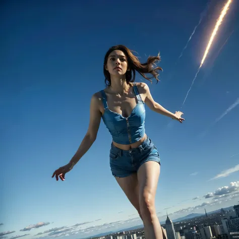 (best quality,4k,8k,highres,masterpiece:1.2),game character,one young and extremely beautiful female game character,powerful telekinetic abilities,dashing through the sky, soaring above the bustling city below her