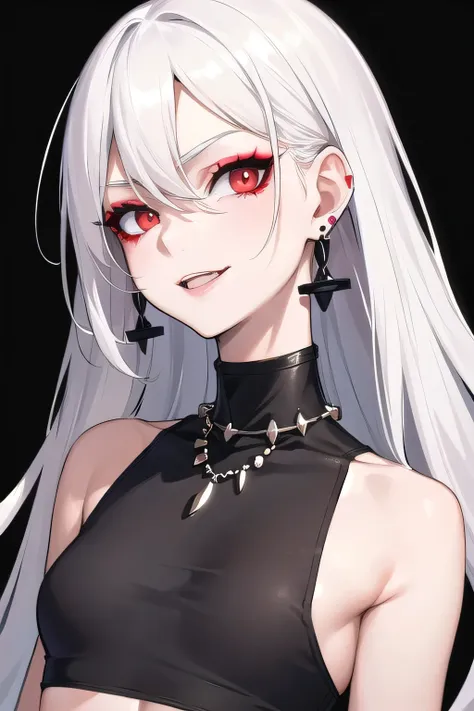 masterpiece, best quality, ultra-high-detailed, happy smile, white hair, red eyes, sigtuna julie , small breast, looking to viewer, deep eyes,  glare eyes, black croptop, eyeshadow, makeup, bare shoulder, earrings, Gothic , eyeshadow, focus to face, black ...