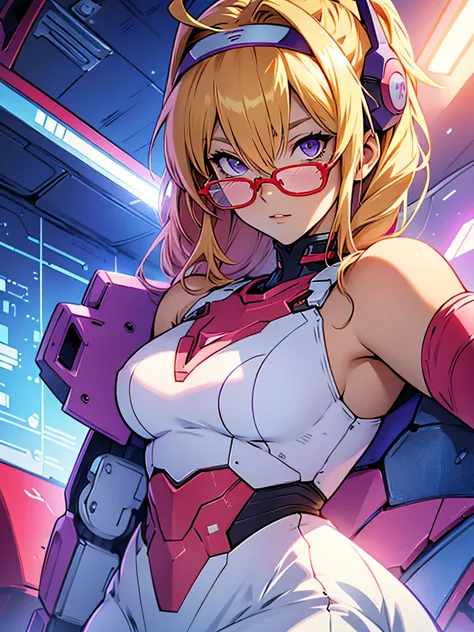 anime,An illustration,purple robot,Mobile Suit,Dom,Light blue check dress,Red glasses,Blonde,Light blue mesh hair,beautiful girl,Sora Sakurano,one person