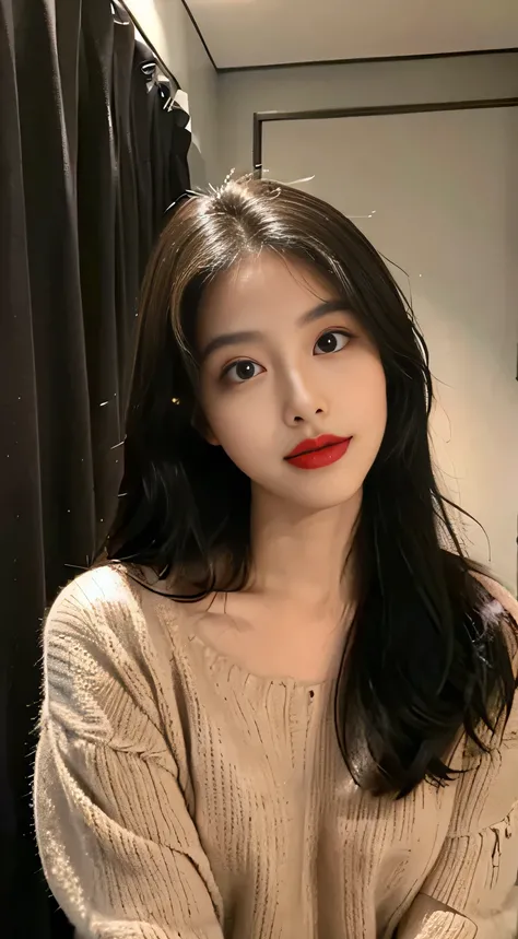 ((best qualtiy, 8K, tmasterpiece:1.3)), RAW photo, A pretty maiden，Pure，Melon seed face，gentle and cute，seductive, A sweet smile，Pure desire，Thin stature，(frontage)，(Tilt your head)，selfie in the fitting room, casual outfit, brown sweater Black silky long,...