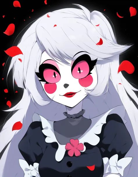 Cloverdemon, clover face, face de la plante, Yeux de chat, red petals, black petals, Clown, pale skinned, sourire, contenu, suffisant, hazbin hotel style,