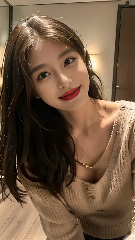 ((best qualtiy, 8K, tmasterpiece:1.3)), RAW photo, A pretty maiden，Pure，Melon seed face，gentle and cute，seductive, A sweet smile，Pure desire，Thin stature，(frontage)，(Tilt your head)，selfie in the  room, casual outfit, brown sweater Black silky long, Straig...