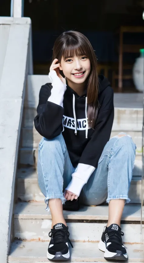 highest quality, Realistic, Very detailed, Finer details, High resolution, 8k wallpaper, One beautiful woman,Sit on the stairs、smile、、（Black socks） Oversized hoodie, Skinny jeans,（ Black sneakers）、Black Hair、 Beautiful Bangs、ear piercing、Perfect dynamic co...