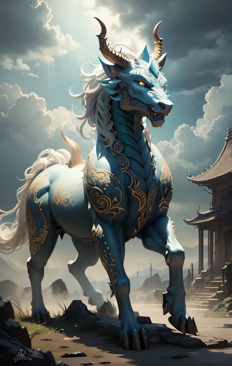 Betreten Sie die Welt der Mythologie mit dieser fesselnden Illustration der Qilin, a majestic creature from Chinese folklore. The composition shows the horse-like body of the Qilin, decorated with turquoise dragon scales, mane and tail plus the ends of the...